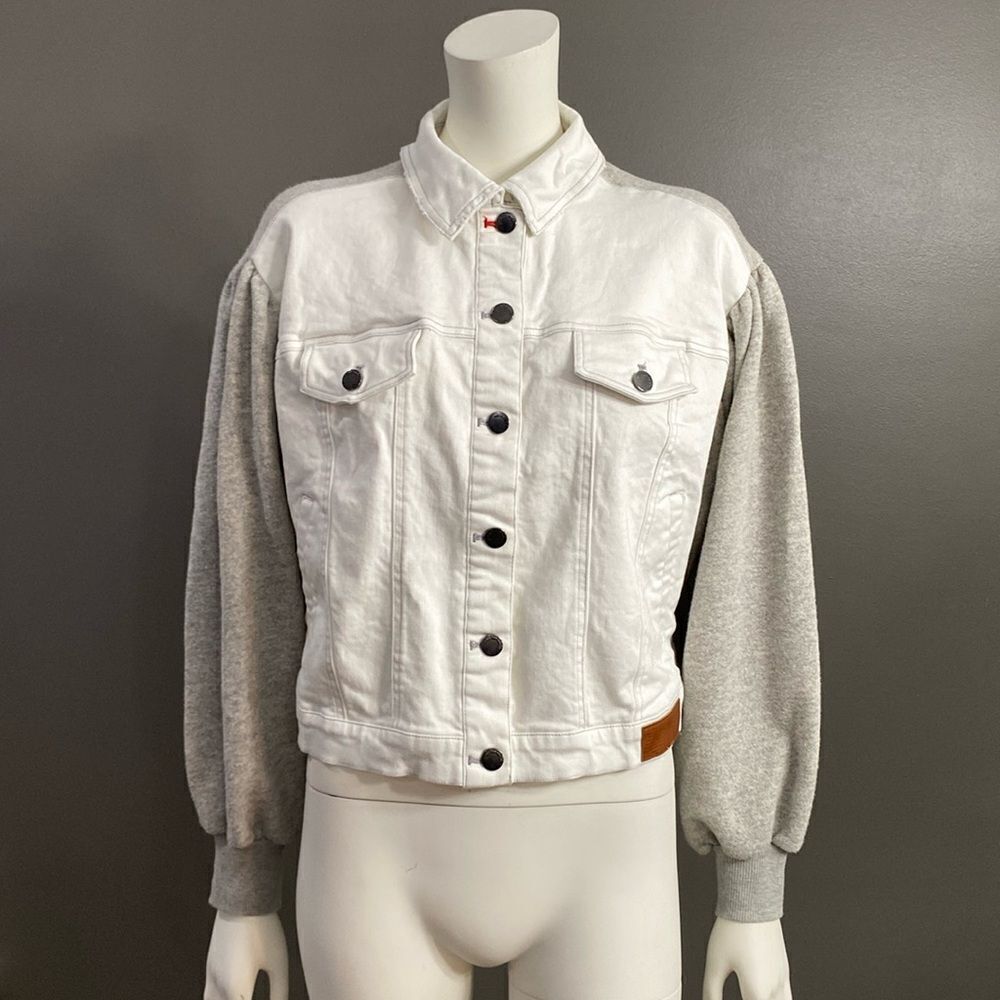 Peace Love World White/Gray Chic Denim Jacket Puff Gray Sleeve Oversized SZ XXS - Picture 3 of 16